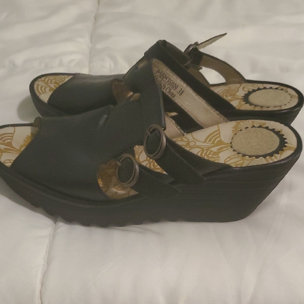 Fly London Black Leather Mules with Dual Buckles - Picture 11 of 13